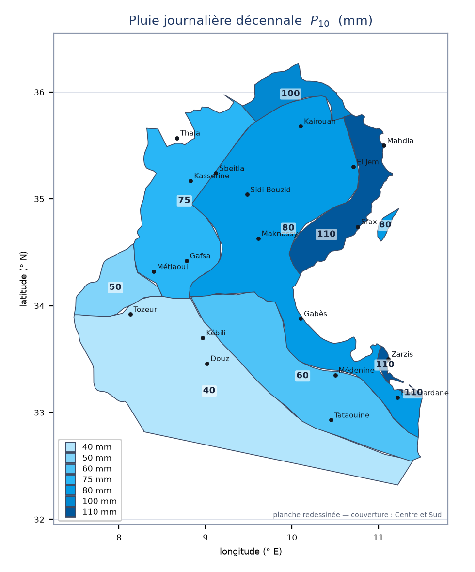 Carte de la pluie journalière décennale P10
